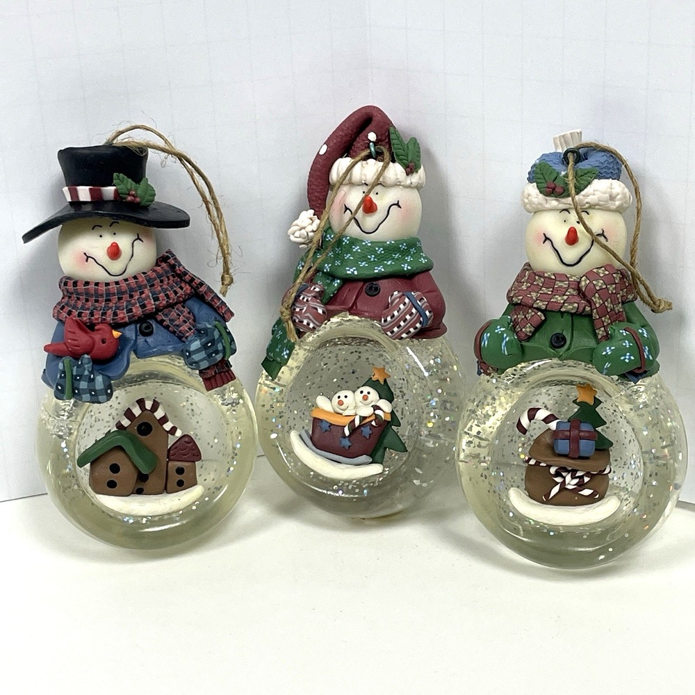Snowman Waterglobe Christmas Ornaments 4" Tall Polymer Clay Set of 3 in Box